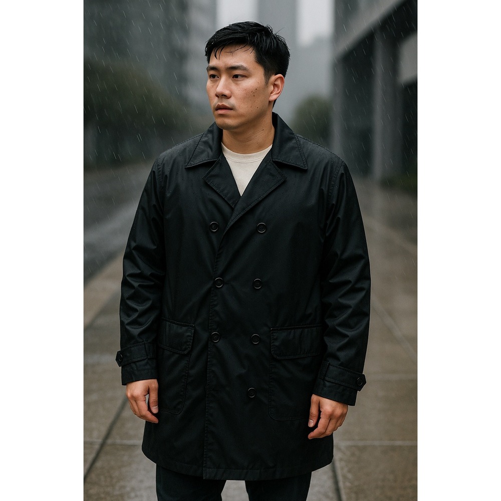 Tommy Hilfiger Black Nylon Double Breasted Trench Coat Jacket XL Vintage‎ Y2K